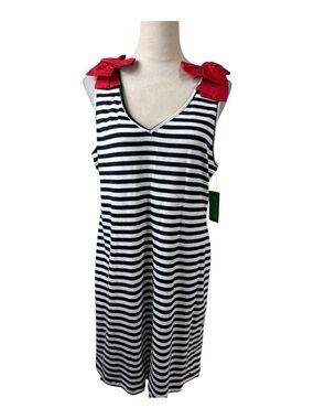 NWT Tommy Hilfiger Navy and White Striped dress red bow accents on shoulder XL